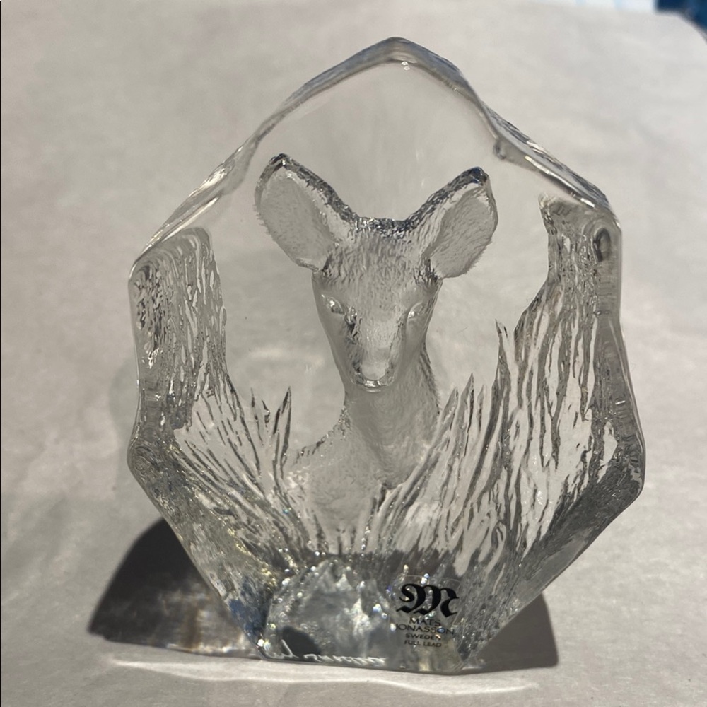 Vintage Fawn Clear Lead Crystal Sculpture Paperweight Mats Jonasson Sweden